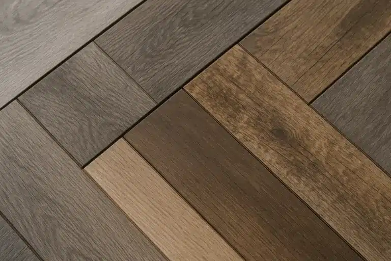 Wood-look flooring samples showing finish and color options