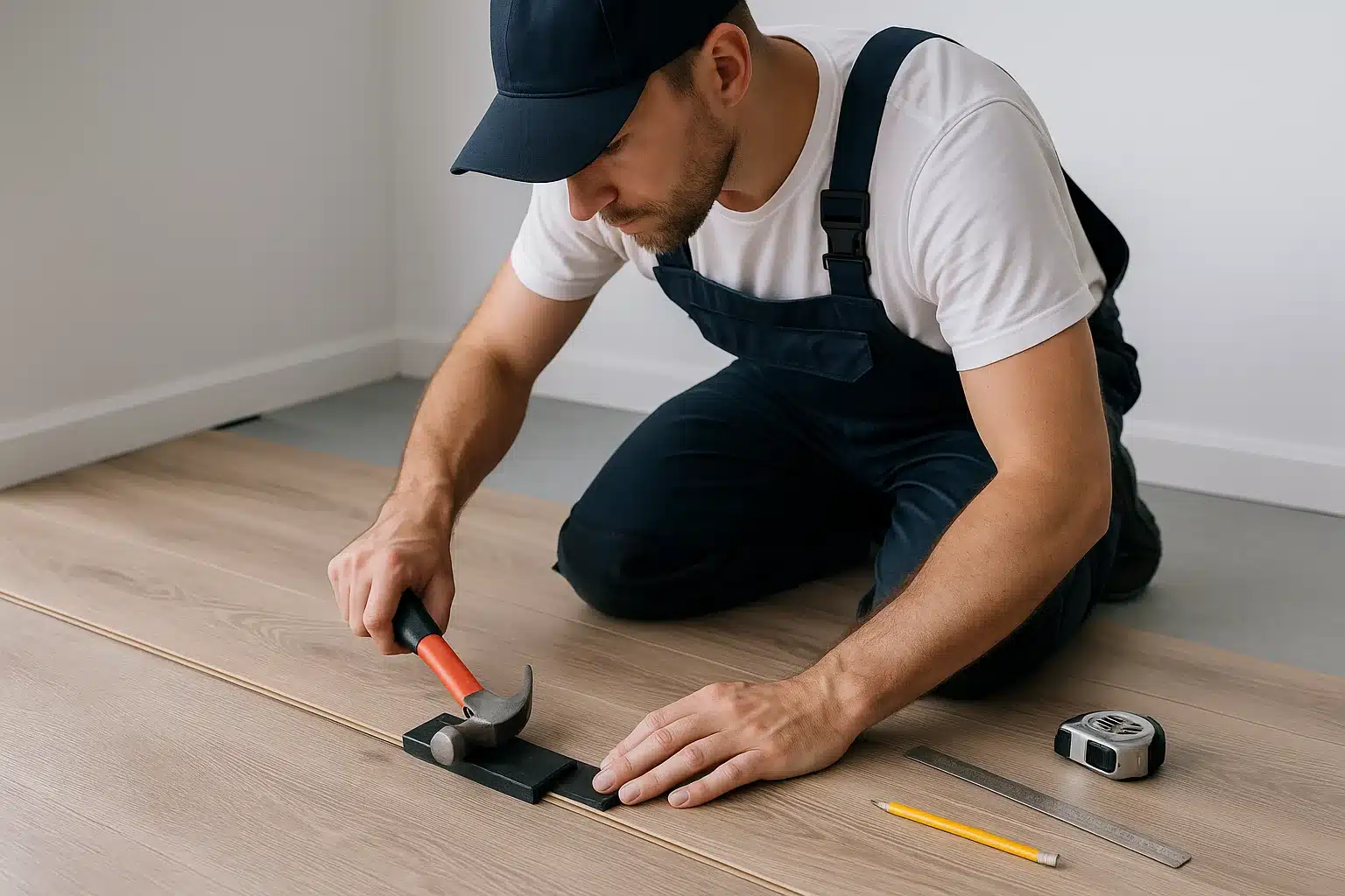 Dry bedroom or home office with installed laminate flooring in an Austin TX style interior