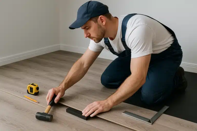 Professional flooring installer setting laminate planks with precision tools