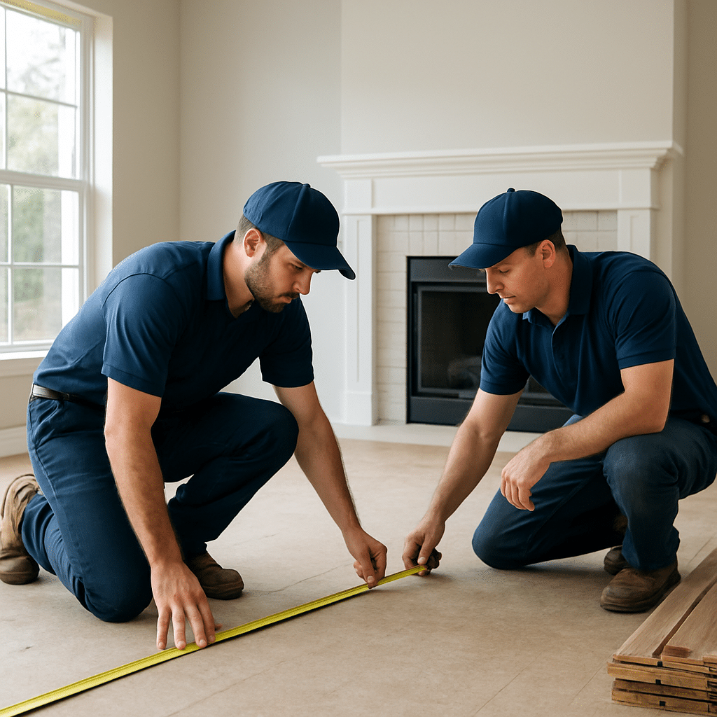 Austin Flooring Company installers measuring a living room for hardwood flooring installation, Austin flooring installation scene