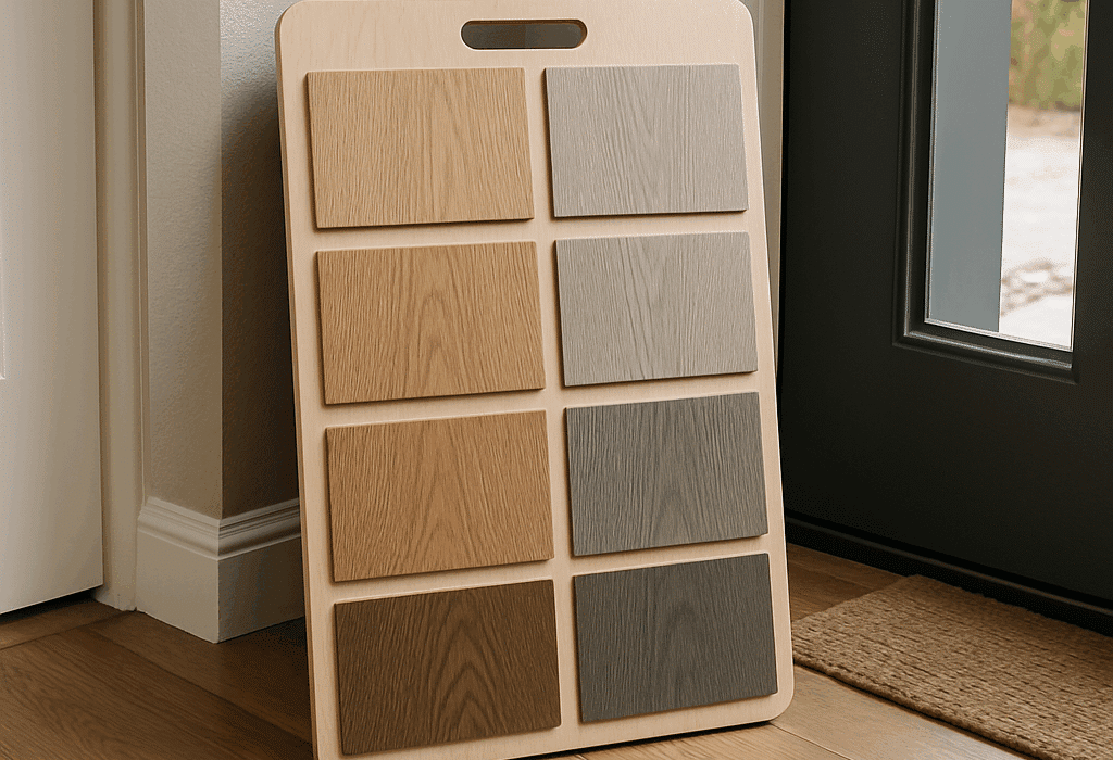 Hardwood flooring sample board showing color and grain options for Austin homes