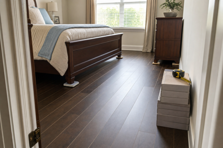 Cedar Park Flooring Company bedroom plank flooring scheduling with staged furniture — Austin Flooring office: 12343 Hunters Chase Dr, Austin, TX 78729; GPS 30.442344, -97.769885
