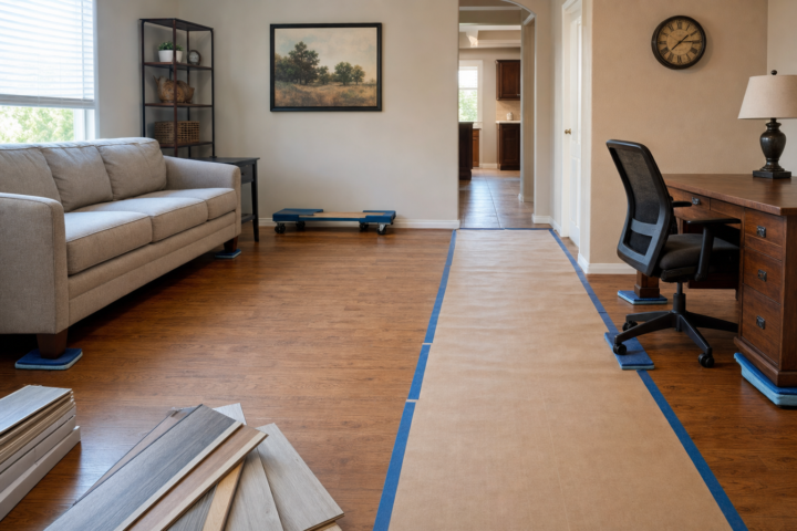 Cedar Park Flooring Company occupied-home flooring staging with furniture moved — Austin Flooring office: 12343 Hunters Chase Dr, Austin, TX 78729; GPS 30.442344, -97.769885