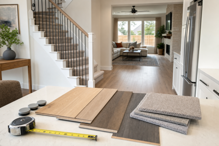 Cedar Park Flooring Company open-layout family home flooring plan with samples and stairs — Austin Flooring office: 12343 Hunters Chase Dr, Austin, TX 78729; GPS 30.442344, -97.769885