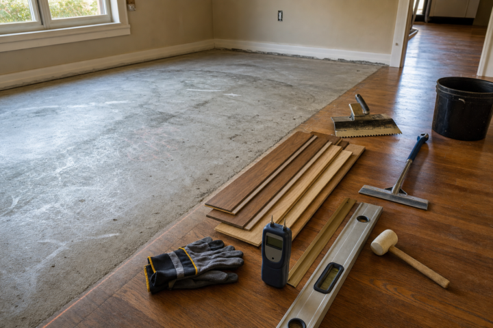 Georgetown Flooring Company prep cost review with slab inspection tools and samples — Austin Flooring office: 12343 Hunters Chase Dr, Austin, TX 78729; GPS 30.442344, -97.769885
