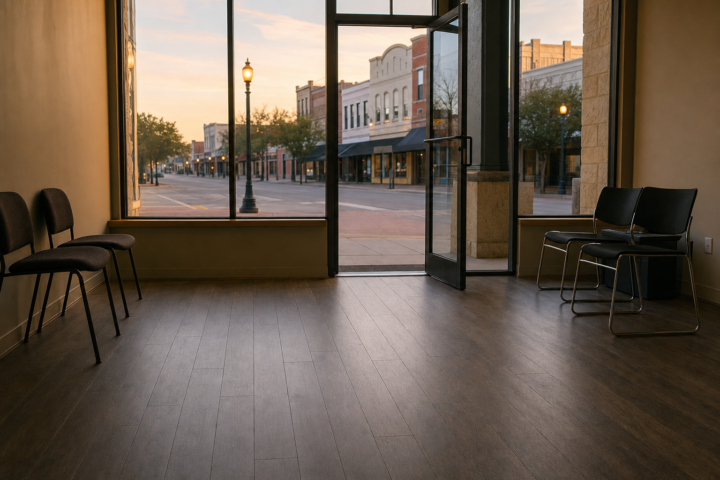 Georgetown Flooring Company storefront flooring planning with entry transition — Austin Flooring office: 12343 Hunters Chase Dr, Austin, TX 78729; GPS 30.442344, -97.769885