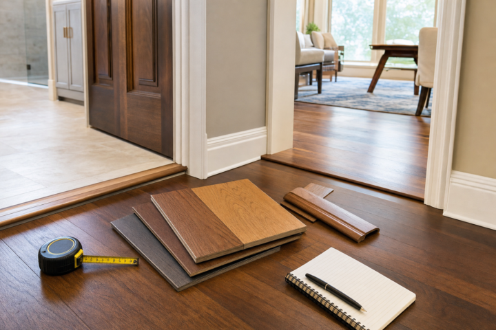 Georgetown Flooring Company transition planning with flooring samples and trim pieces — Austin Flooring office: 12343 Hunters Chase Dr, Austin, TX 78729; GPS 30.442344, -97.769885