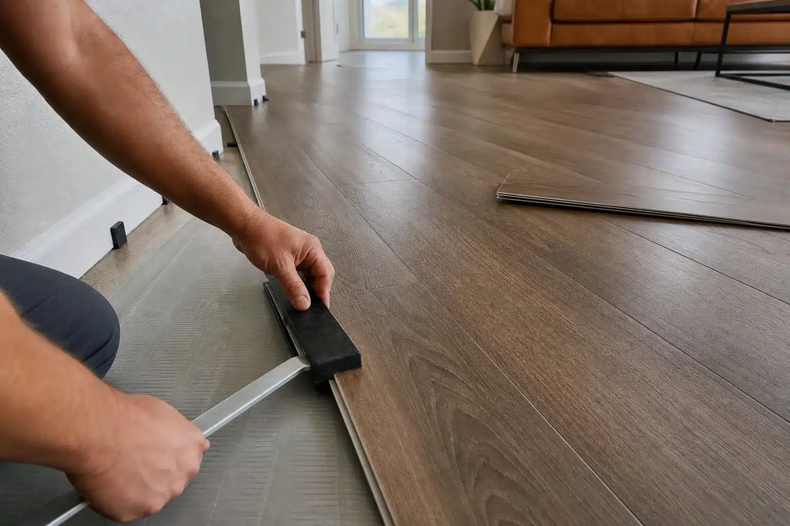 LVP Flooring Installation Services in Austin TX LVP flooring installer aligning waterproof planks in an Austin TX room