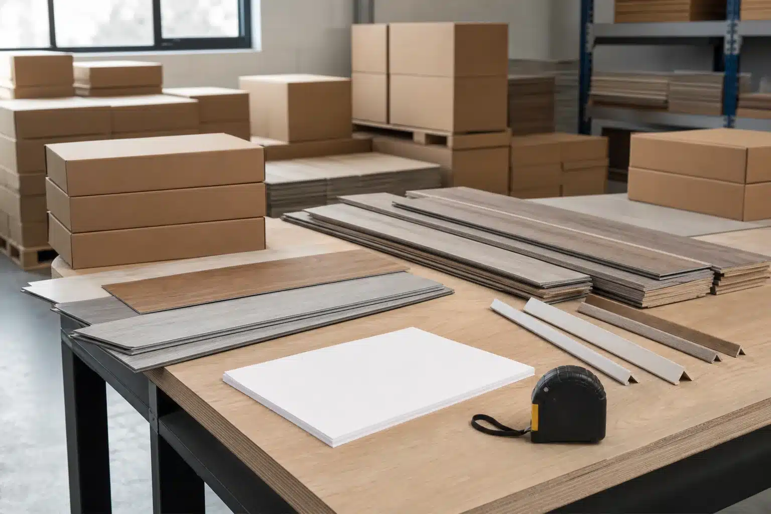 LVP Flooring Materials Wholesale Pricing and Product Sourcing LVP cartons plank samples and trim pieces staged for Austin TX product sourcing