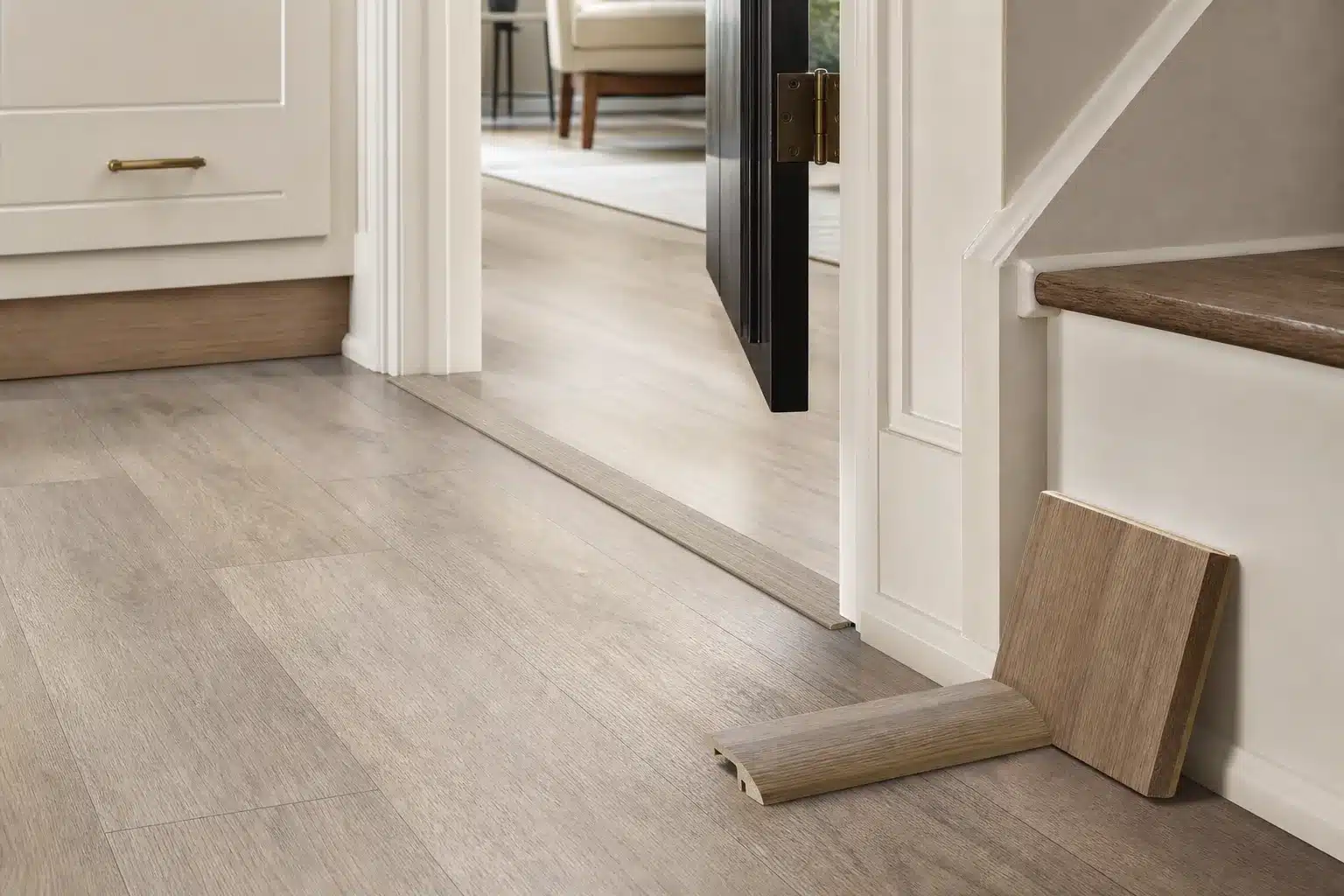Luxury vinyl plank transition details around cabinets doors thresholds and stairs