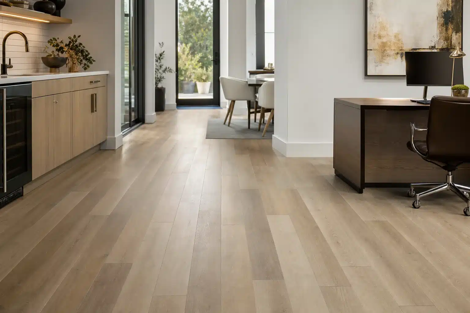 High-end luxury vinyl plank flooring in a polished Austin TX remodel or commercial suite