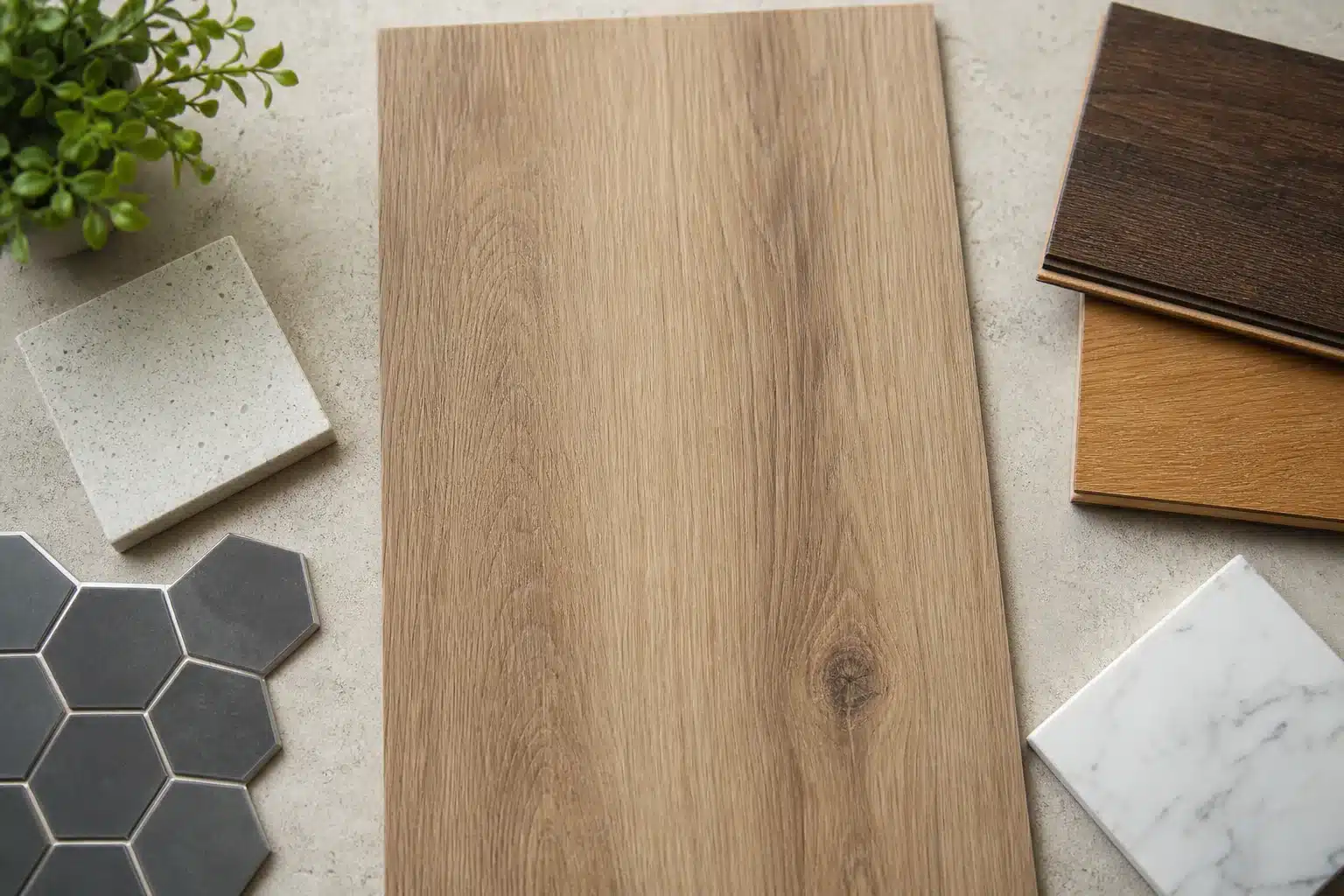 Luxury vinyl plank compared with laminate hardwood and tile samples for Austin TX project planning