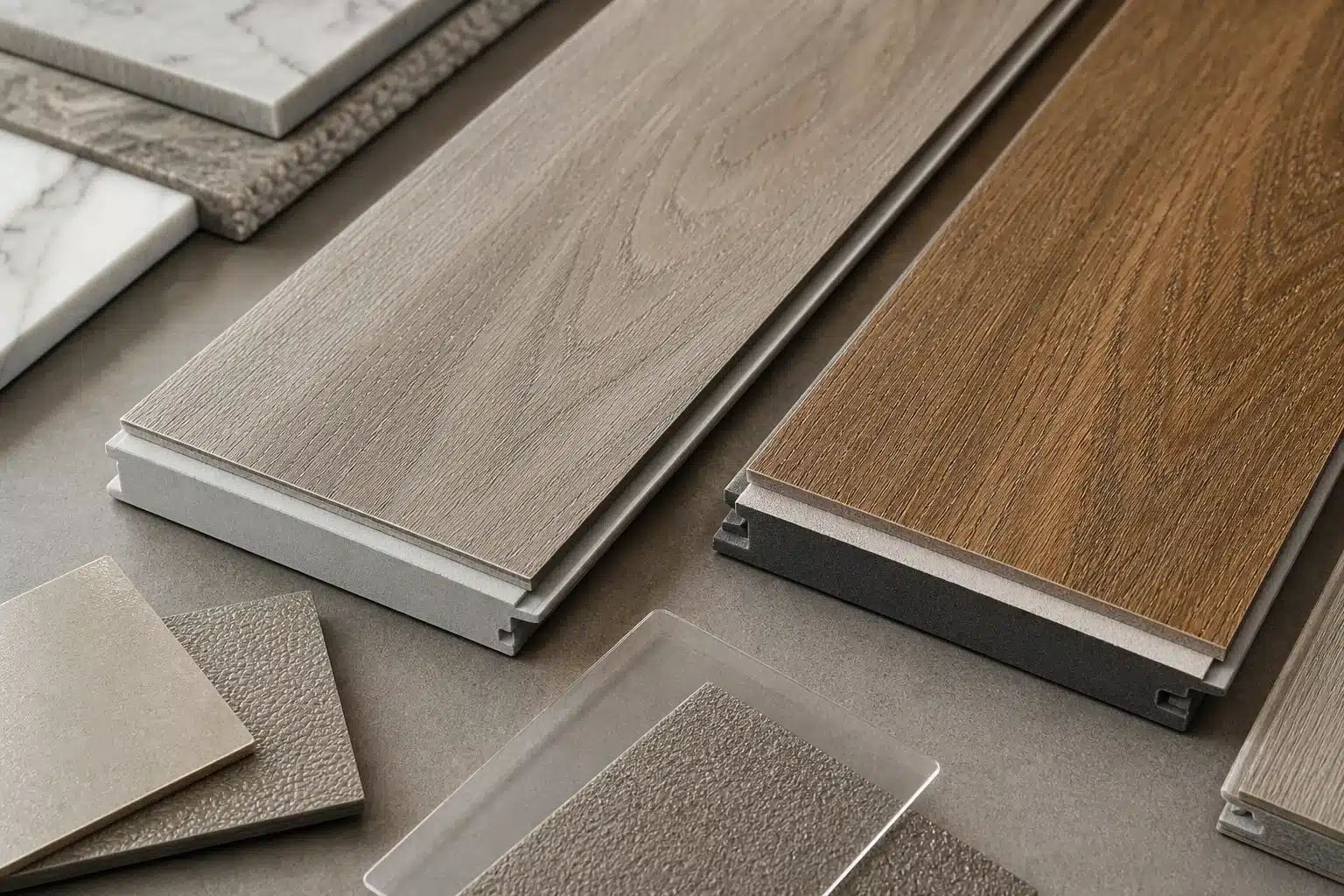 Luxury vinyl plank SPC WPC wear layer and finish samples for Austin TX premium flooring project