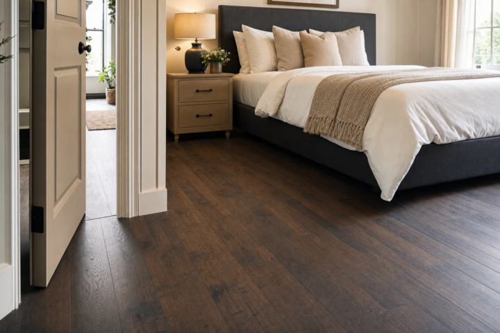 Round Rock Flooring Company bedroom flooring replacement with dark plank flooring — Austin Flooring office: 12343 Hunters Chase Dr, Austin, TX 78729; GPS 30.442344, -97.769885