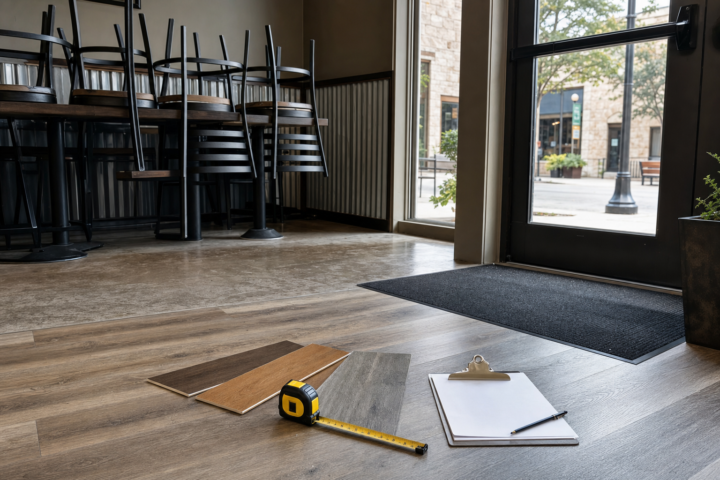 San Marcos Flooring Company business flooring prep with plank samples and moved furniture — Austin Flooring office: 12343 Hunters Chase Dr, Austin, TX 78729; GPS 30.442344, -97.769885