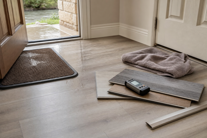 San Marcos Flooring Company moisture entry flooring planning with water-resistant plank samples — Austin Flooring office: 12343 Hunters Chase Dr, Austin, TX 78729; GPS 30.442344, -97.769885