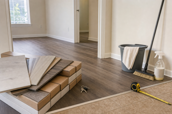 San Marcos Flooring Company rental turnover flooring plan with luxury vinyl plank — Austin Flooring office: 12343 Hunters Chase Dr, Austin, TX 78729; GPS 30.442344, -97.769885