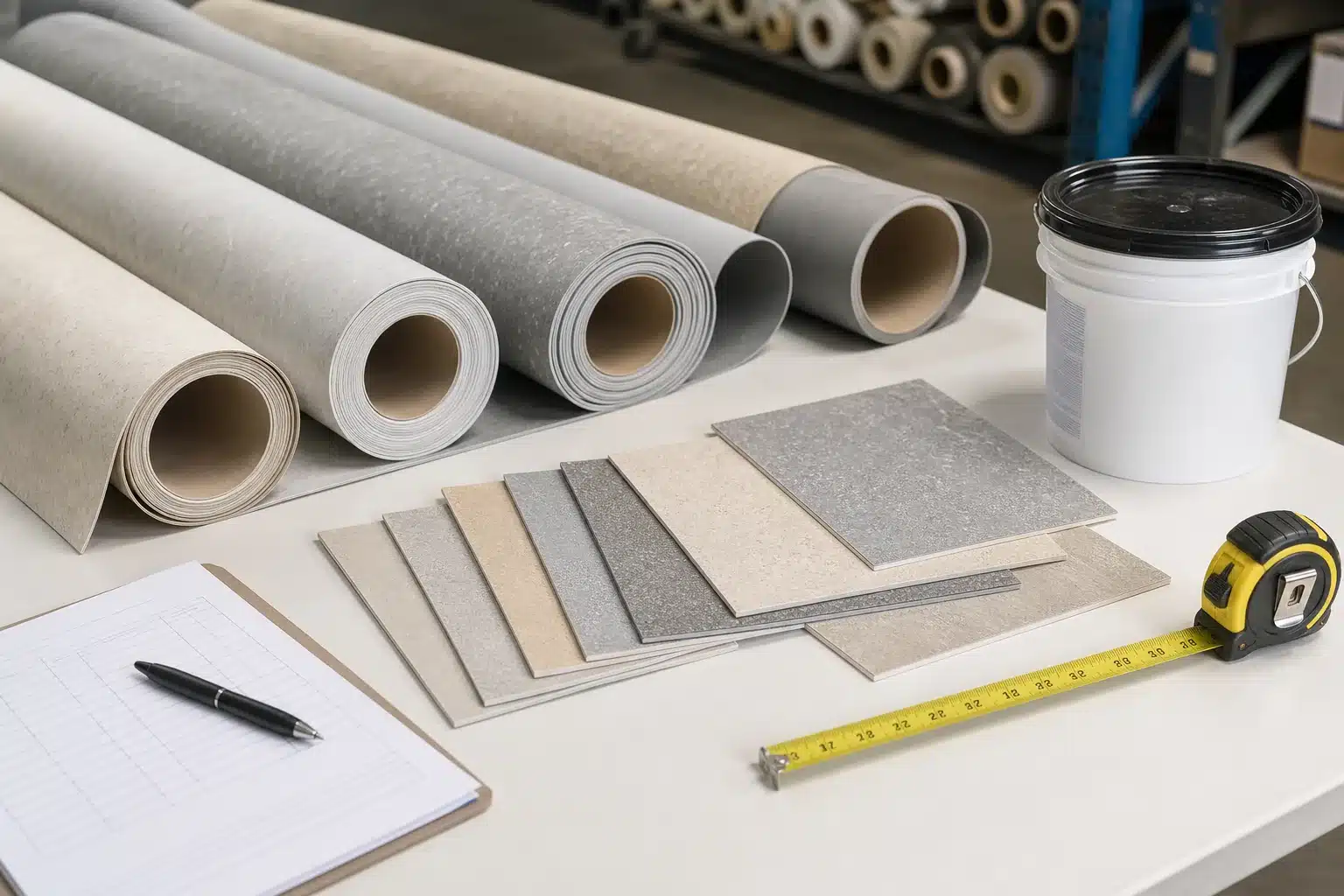 Sheet vinyl rolls samples and supply options for an Austin TX flooring project