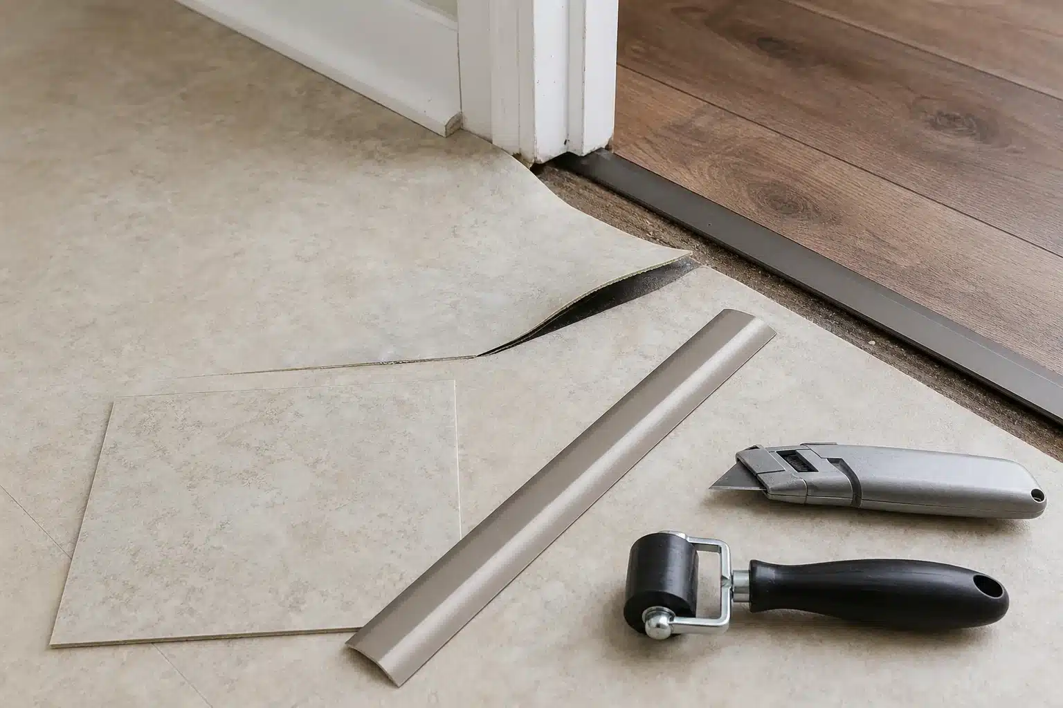 Vinyl flooring repair area with replacement piece and doorway transition strip in Austin TX