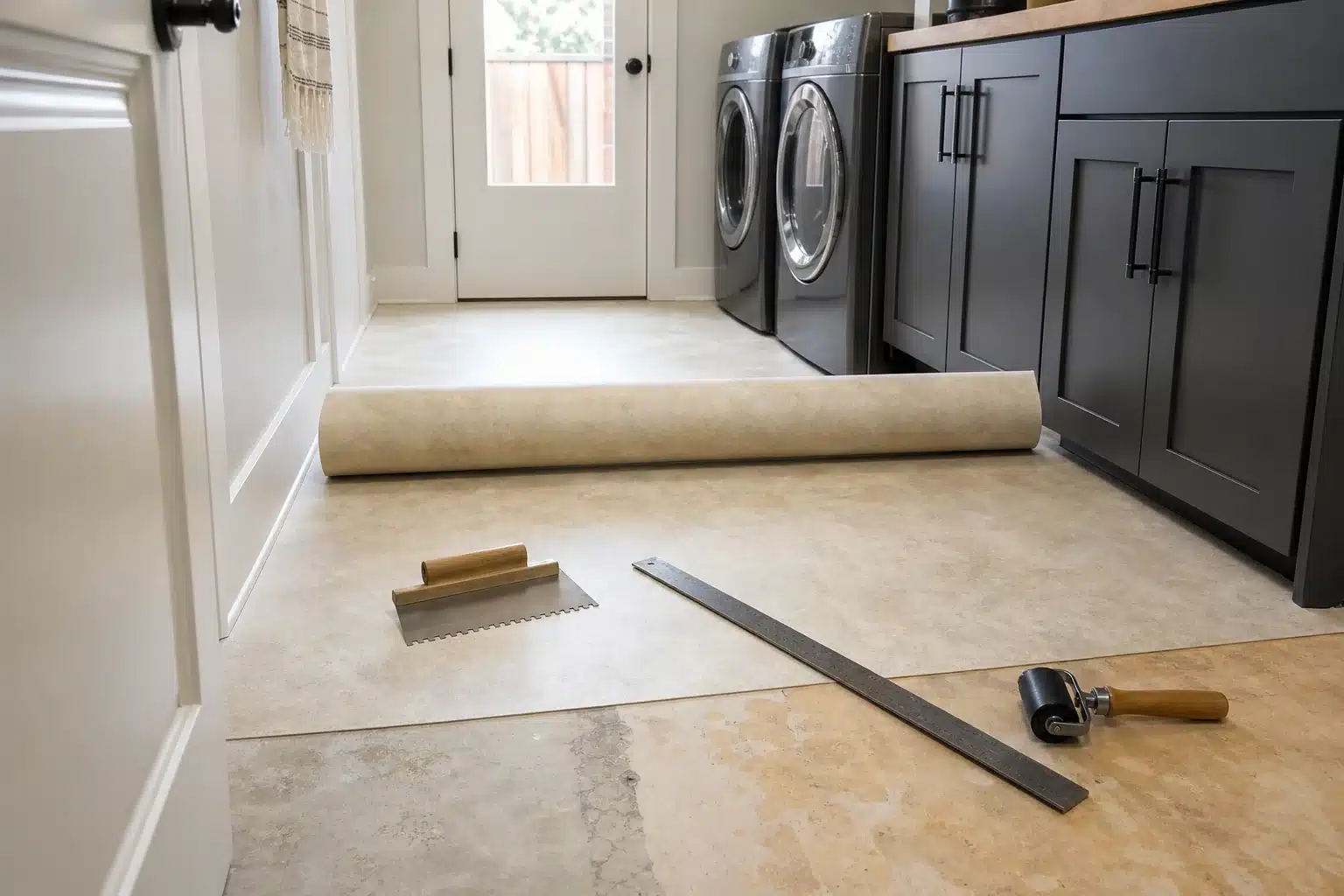 Sheet vinyl flooring installation materials prepared for an Austin TX utility room