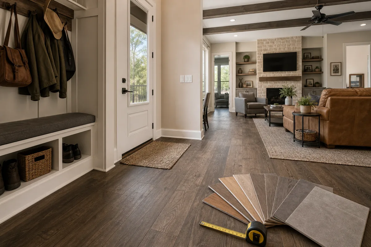 Bastrop flooring planning photo showing flooring samples and a home interior