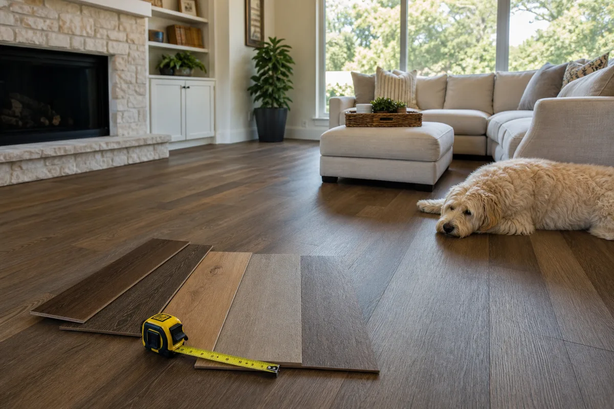 Brushy Creek flooring planning photo showing flooring samples and a home interior