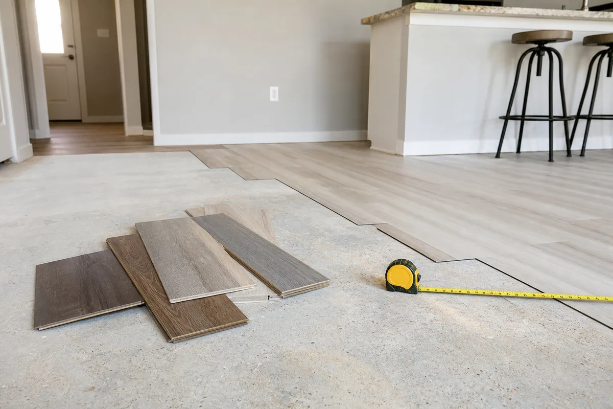 Elgin flooring planning photo showing flooring samples and a home interior