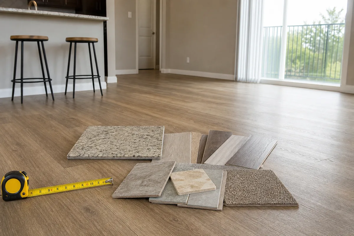 San Marcos flooring planning photo showing flooring samples and a home interior
