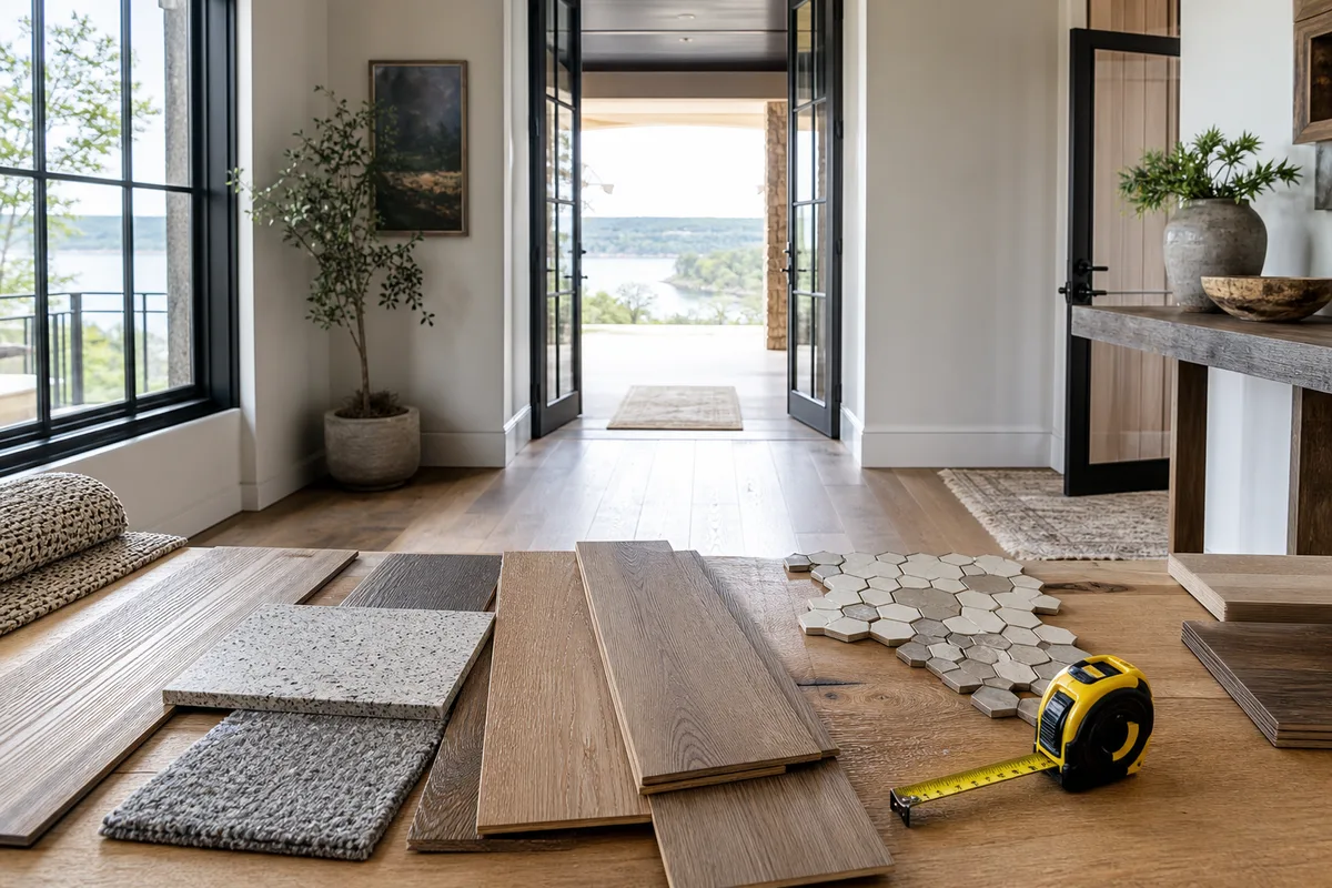 Spicewood flooring planning photo showing flooring samples and a home interior