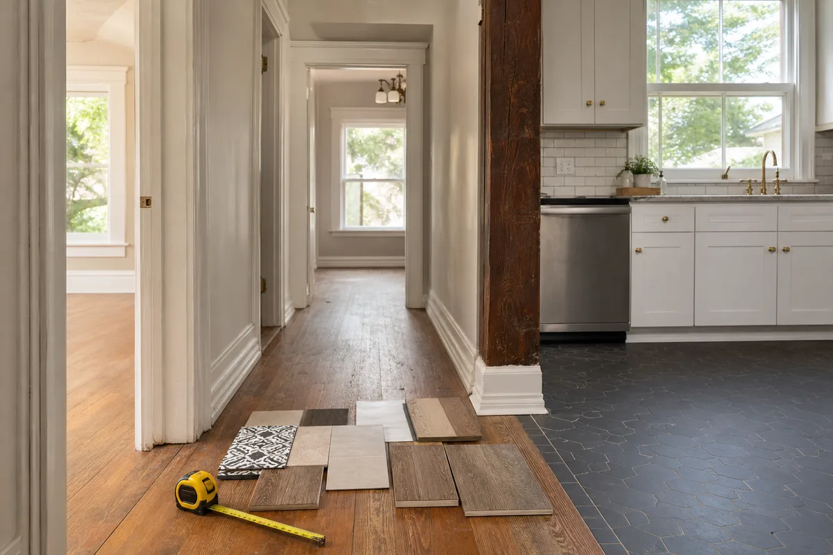 Taylor flooring planning photo showing flooring samples and a home interior